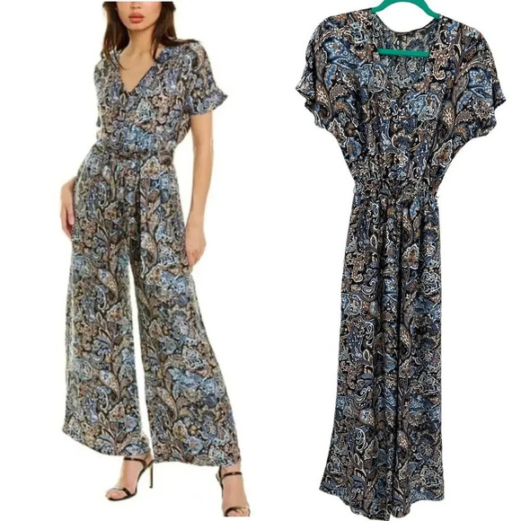 J.McLaughlin Marea Silk-Blend Jumpsuit Blue Brown Paisley Print‎ Size XS - Picture 1 of 12